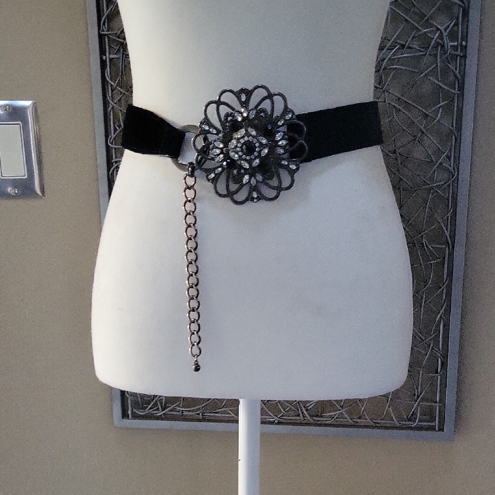 White House Black Market Velvet Statement Belt with Rhinestone Buckle and chain